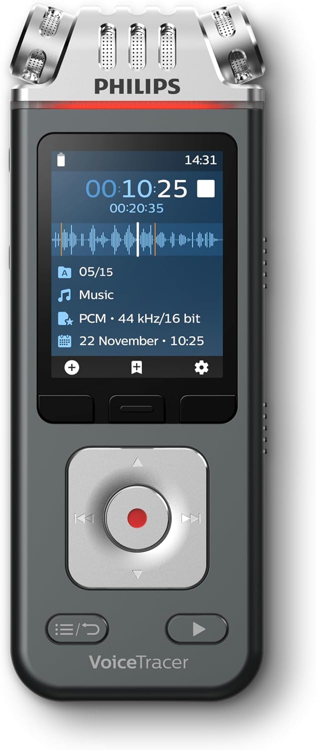 Philips DVT6115 VoiceTracer, Diktiergerät, Aufnahmegerät, 3 HiFi Mikrofone für Musikaufnahmen optimiert, inkl. Sembly AI-Testlizenz: Transkription & KI-Zusammenfassungen