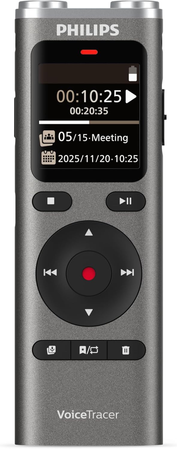 Philips Philips DVT2075 VoiceTracer, Diktiergerät, Aufnahmegerät, MP3, Stereo, Li-on Akku. Sembly AI zur Spracherkennung für mehrere Sprecher, Automatische Erstellung von Zusammenfassungen