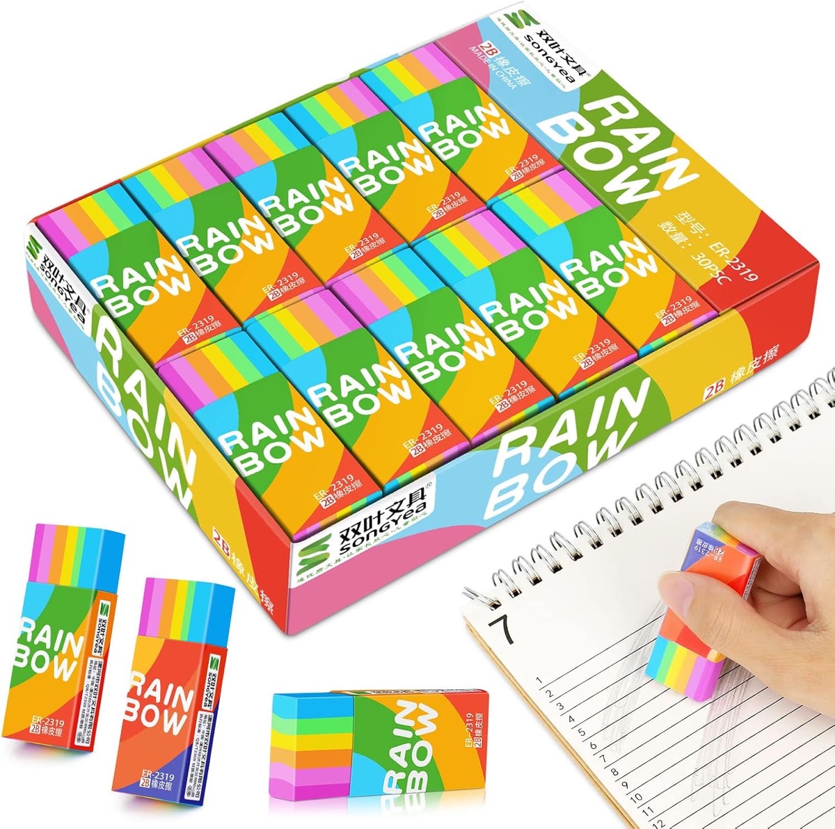 2B Radiergummi, 30 Stück Regenbogen Radierer, Kinder Weich Mini-Radierer Set für Schulen, Skizzen, Büro und Zeichen