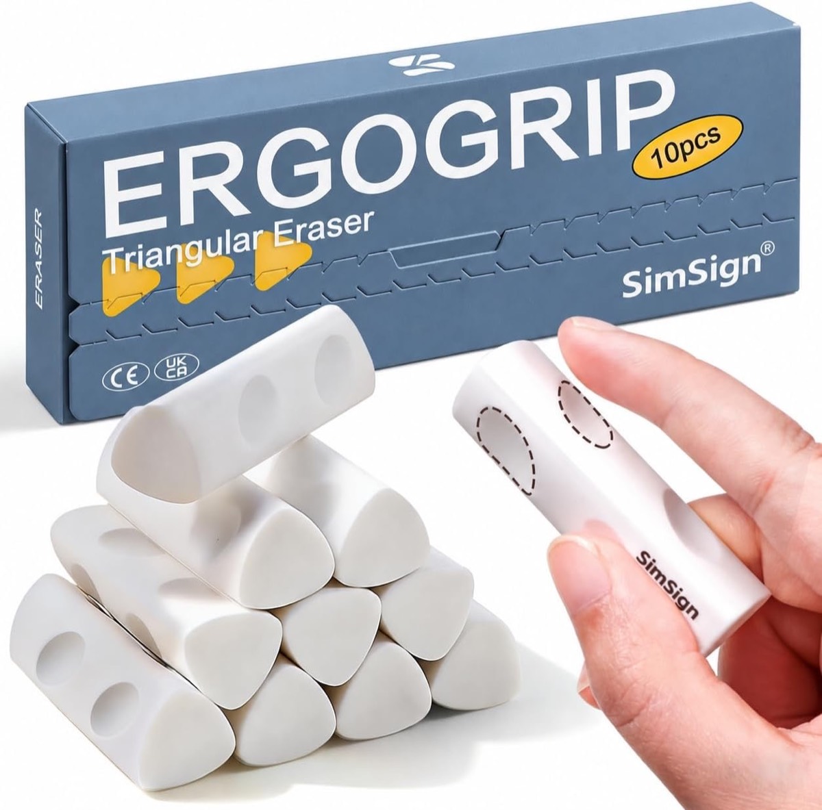 Ergonomische Dreikant Radiergummi 10 Stück Weiß, Radierer mit Rutschfeste Griffmulden, Sauberes Radieren mit Wenig Abrieb, für Kinder, Schule & Büro