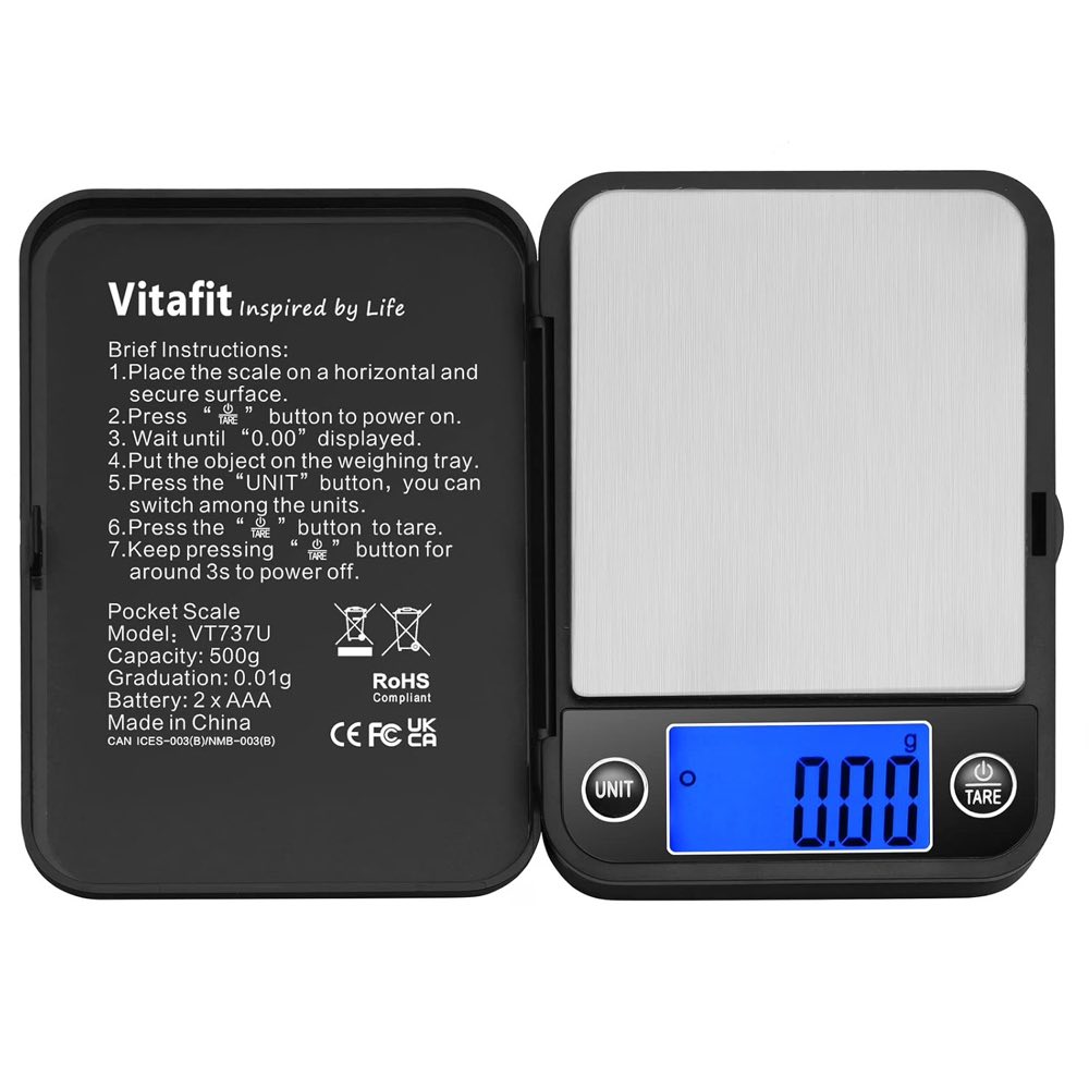 Vitafit 500g Digitale Feinwaage 0.01g, Blaues LCD, Taschenwaage Schwarz