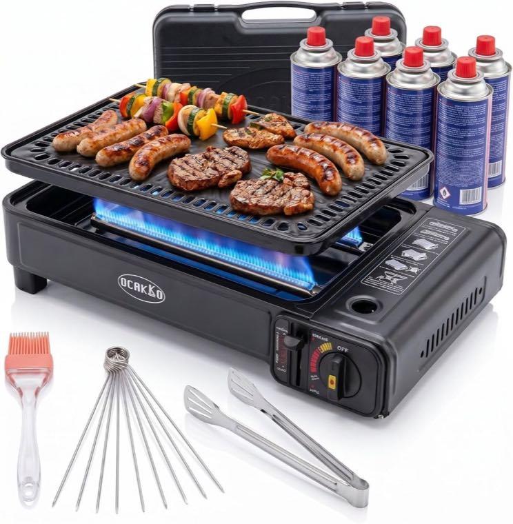 Gasgrill Camping mit 8 Kartuschen, Grillplatte und Rost