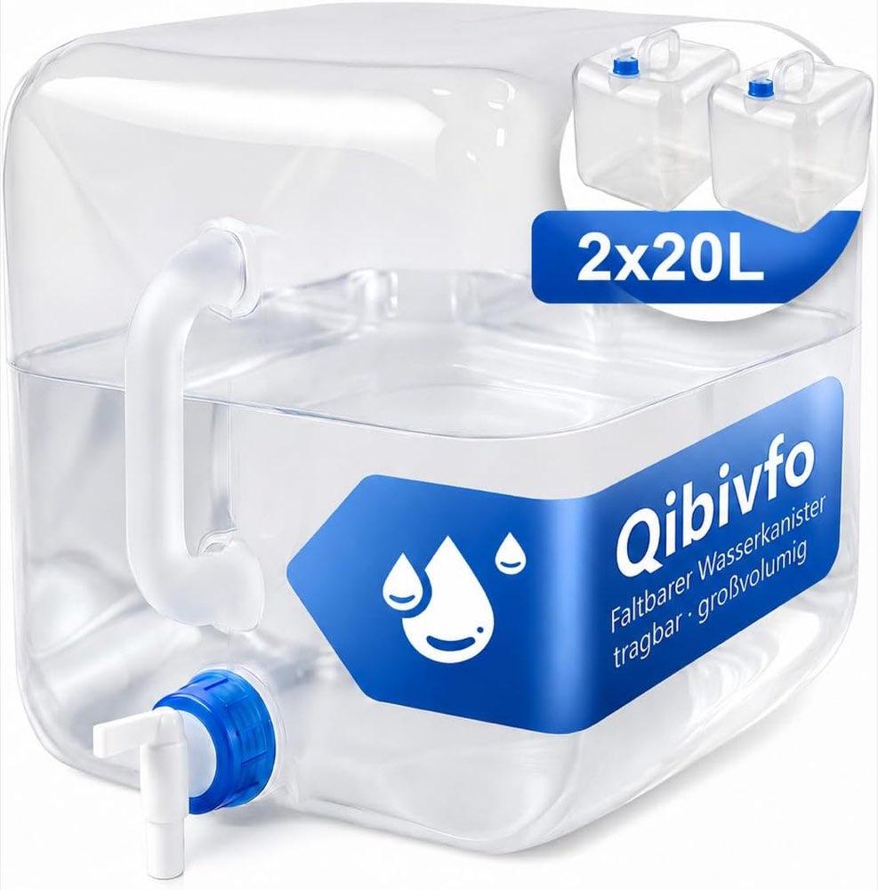 Qibivfo 2 x 20 L faltbarer Wasserkanister mit Hahn, Weiß
