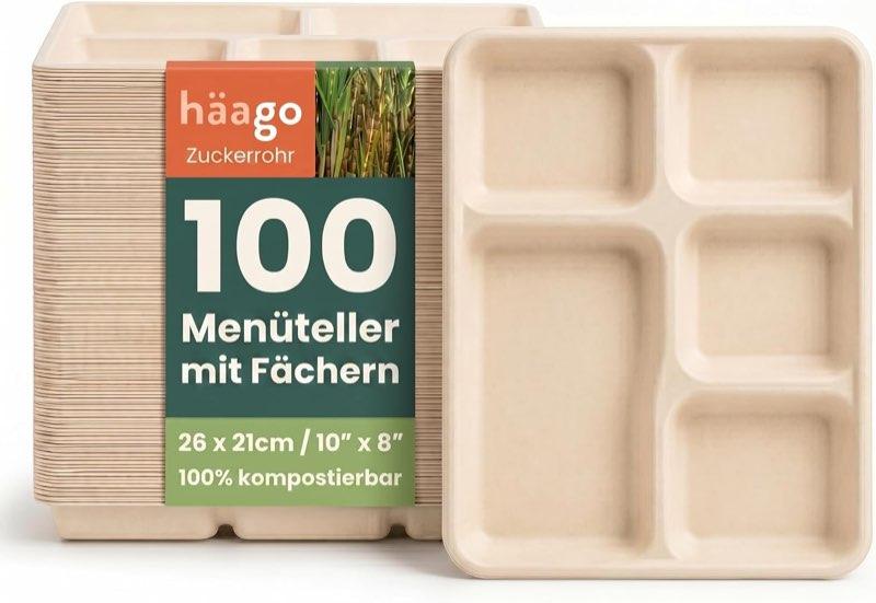 HAAGO HAAGO 100 Extra Stabile Kompostierbare Zuckerrohr Menüteller, 26 × 21 cm mit 5 Fächern