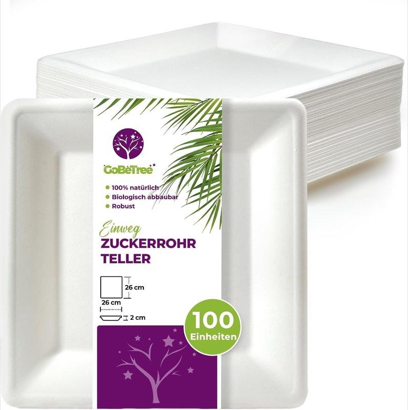 GoBeTree 100 Zuckerrohr Teller 26 cm Quadratisch Groß, Einwegteller