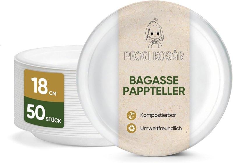 50 Pappteller aus Zuckerrohr, rund 18 cm, Weiß