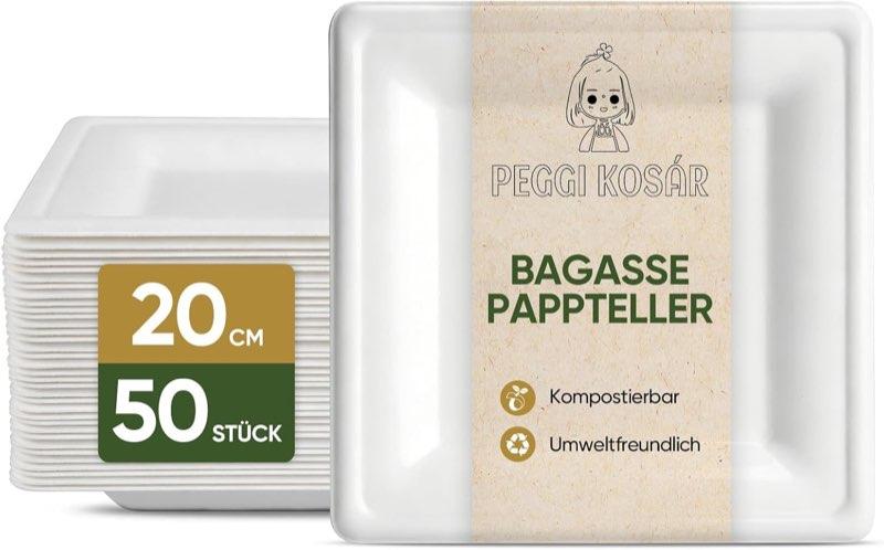 50 Pappteller aus Zuckerrohr, eckig 20 cm, Weiß