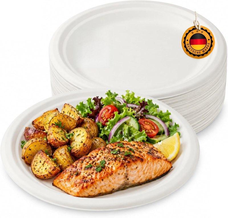 LogiPack 50 Stk. Zuckerrohr-Teller Ø 22 cm, stabile Teller aus Bagasse