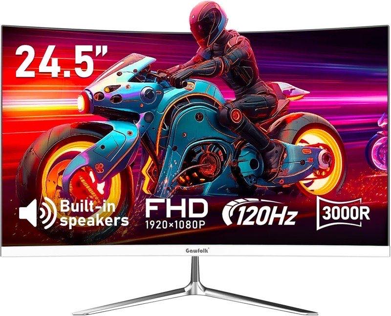 Gawfolk Curved Monitor 24,5 Zoll 120Hz mit Lautsprecher, 3000R Gebogen PC Bildschirm FHD 1080P, Weiß Computerbildschirm mit Eye Care Technologie HDMI VGA, unterstützt VESA
