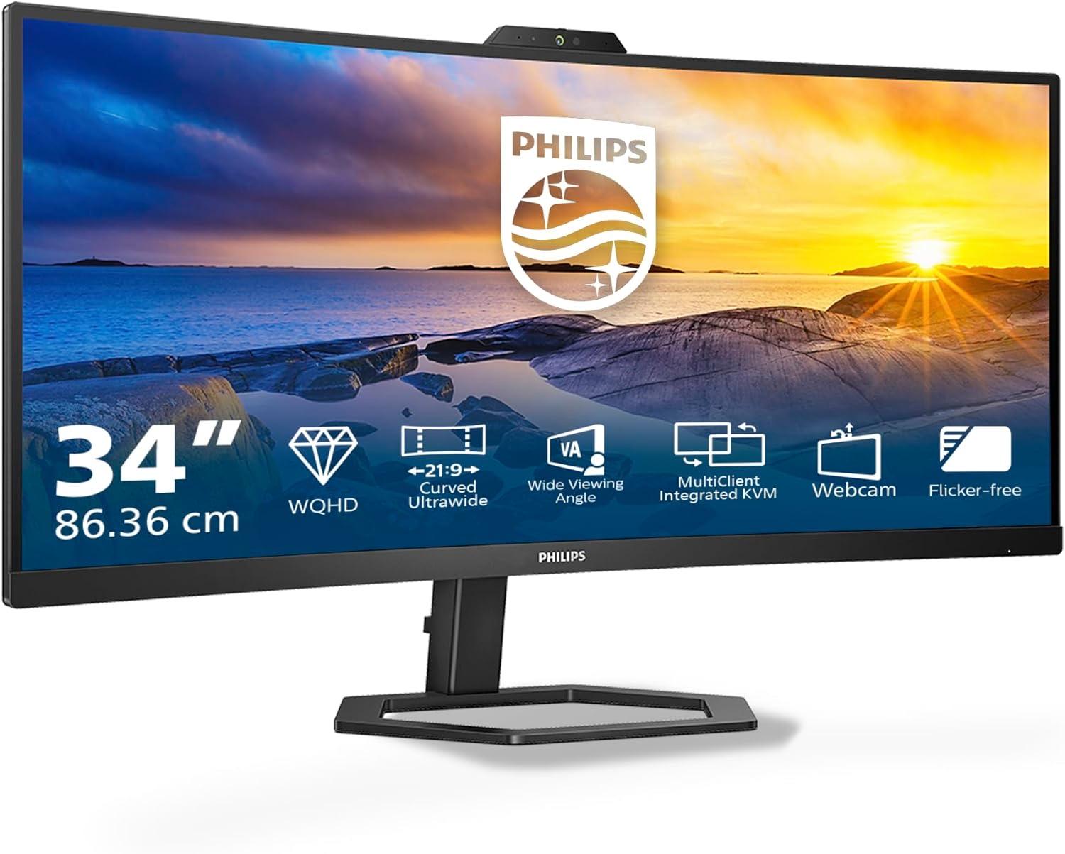 PHILIPS 34E1C5600AM 34 Zoll Curved, UW-QHD USB-Hub-Monitor, 100 Hz, VA, Webcam, FreeSync, Höhenverstellung, Lautsprecher, 3440x1440, HDMI, DisplayPort, schwarz