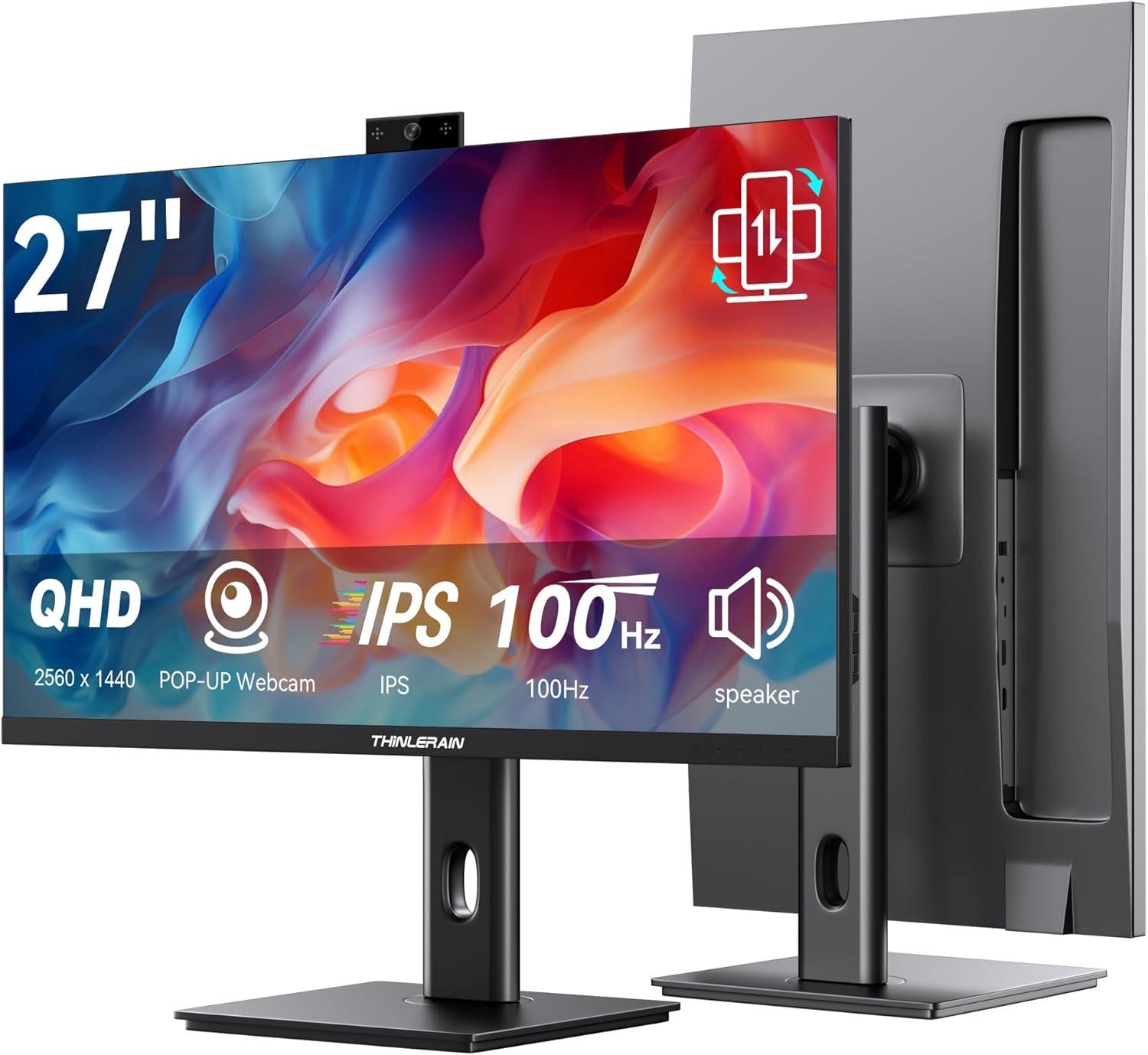 27 Zoll Monitor mit Pop-Up-Webcam, 2K 2560 x 1440 IPS, 100 Hz, integrierte 3MP Kamera und Mikrofon, HDMI, DisplayPort