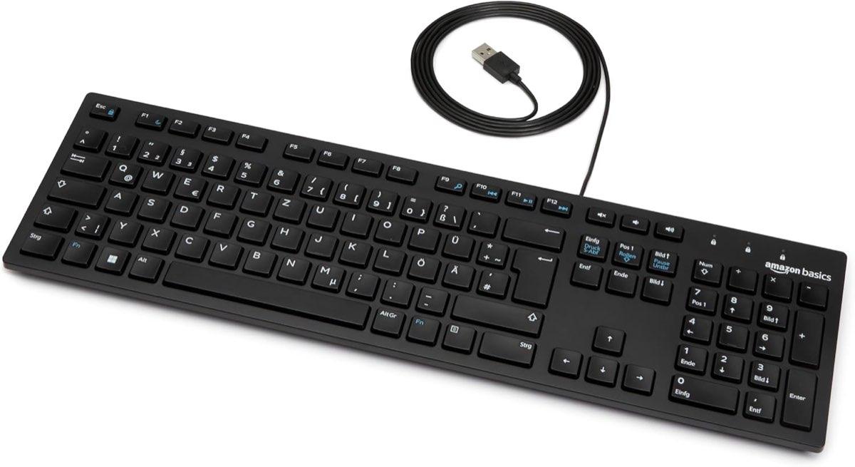 Amazon Basics Tastatur mit DE-Layout, flach, USB-kabelgebunden, Mattschwarz