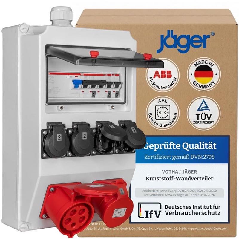 Jäger Wandverteiler ABB FI/LS, CEE 16/32 A, 4× Schuko