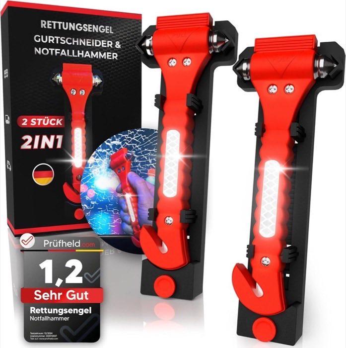 RETTUNGSENGEL 2in1 Notfallhammer mit Gurtschneider fürs Auto [2er Set] inkl. Reflektor