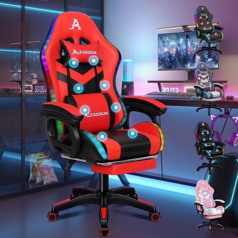 ALFORDSON Gaming-Stuhl Gamer Massage LED RGB ergonomisch Bürostuhl,Rot