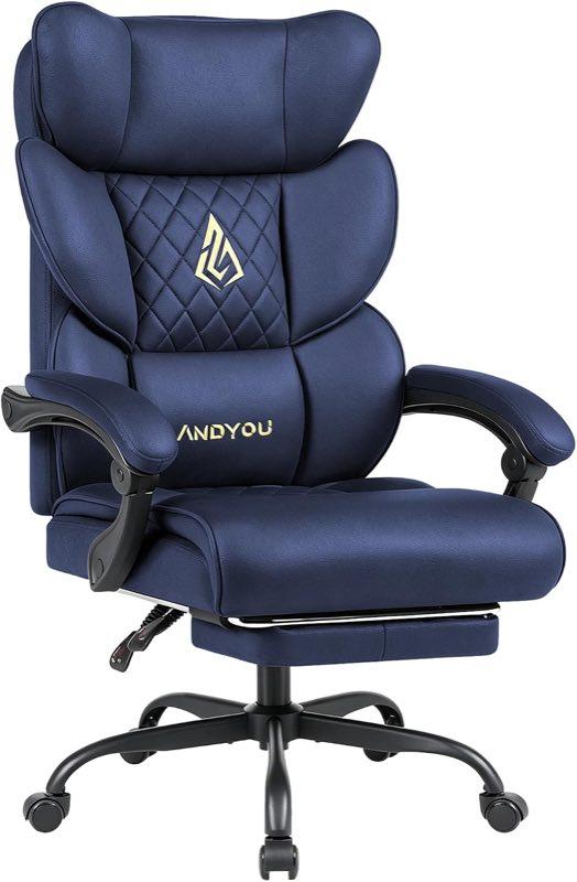 Andyou Gaming Stuhl mit Fußstütze–ergonomischer Bürostuhl, Rückenlehne 90–155°mit verbundenen Armlehnen, Suède-Bezug, Federsitzkissen, Schreibtischstuhl, belastbar bis 150 kg, dunkelblau
