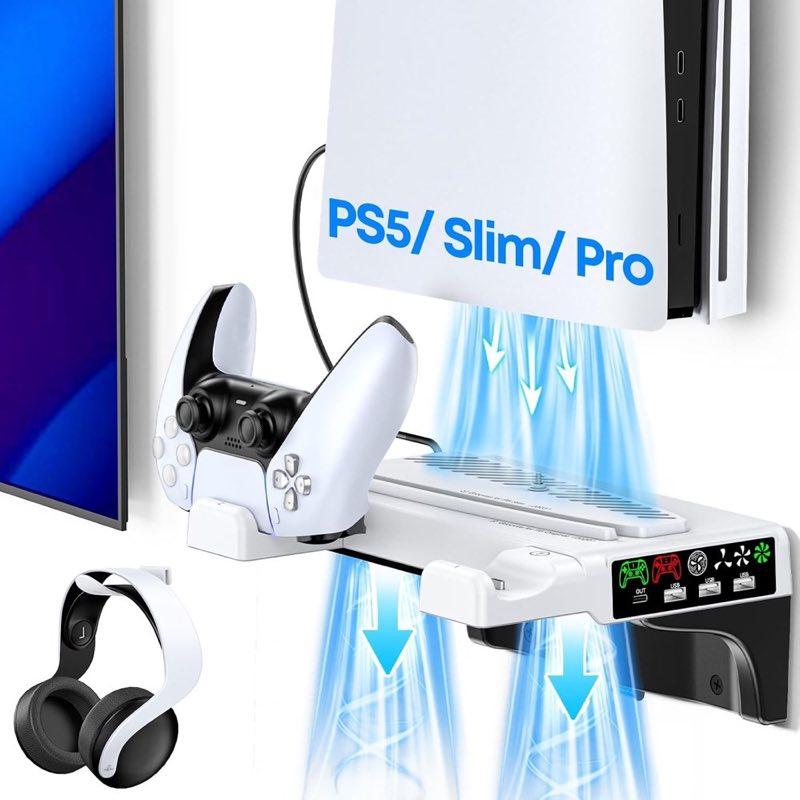 Tokluck PS5/PS5 Slim/PS5 Pro Wandhalterung mit 3 stufig Lüfter und PS5 Controller Ladestation, PS5 Halterung Wand mit Headset Halter/PS5 Lüfter, PS5/Slim/Pro Ständer für PlayStation 5 Zubehör