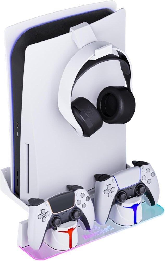 Hosanwell PS5 Wandhalterung Kit mit Ladestation, Kompatibel mit Playstion 5/Slim/Pro Disc & Digital Version, Dual Use Ladestation mit Multi-Mode RGB Licht, PS5 Wandhalterung Konsole Grauweiß