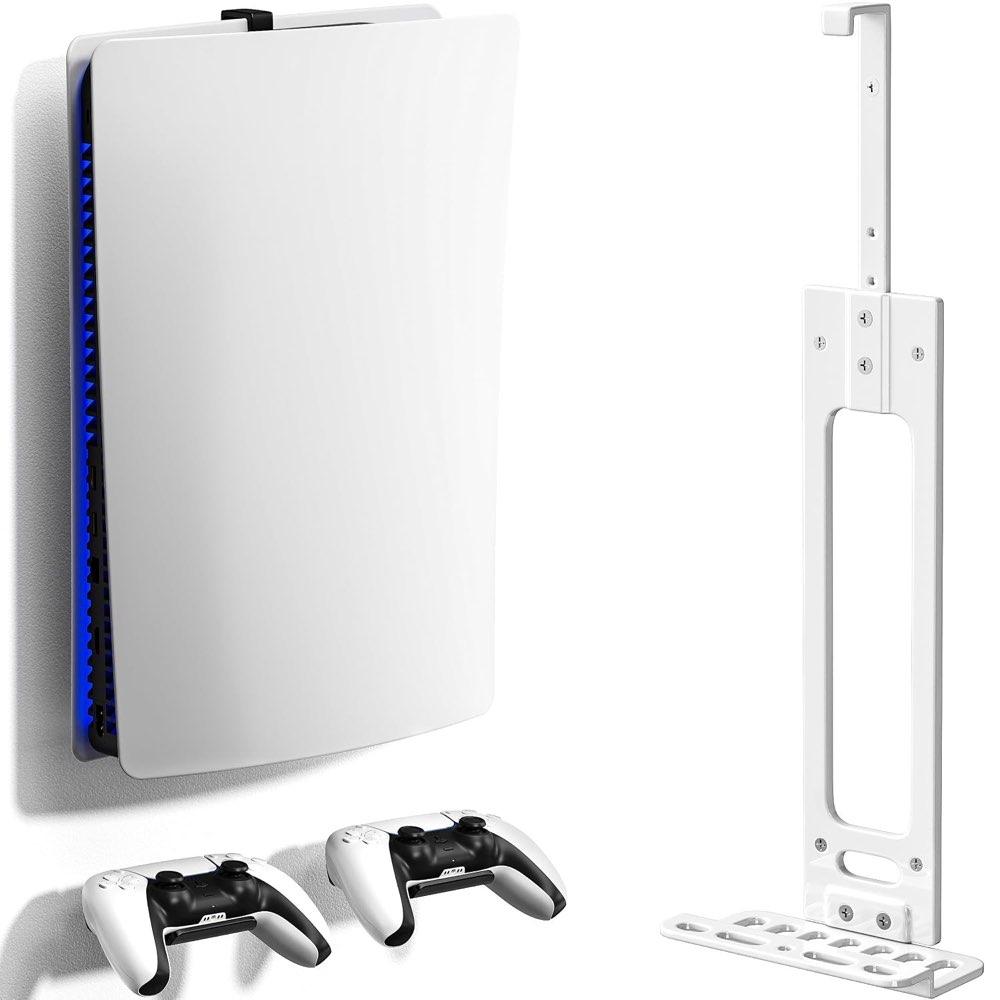 Wandhalterung mit 2 Controller-Halterungen, robuste Metall-Konsolehalterung, kompatibel mit PlayStation 5, PS5 Slim, PS5 Pro Disc- und Digital-Editionen, Weiß