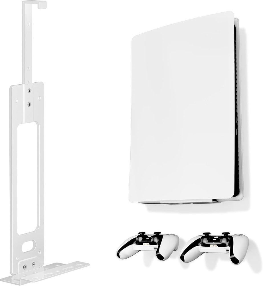 pickpiff PS5 Wandhalterung, Verstellbare Halterung für PlayStation 5 Konsole mit 2 Controller Haltern, Kompatibel mit PS5 Disc, Digital, Slim & Pro, Weiß
