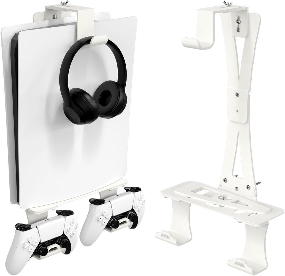Wandhalterung für PS5/PS5 Slim/PS5 Pro mit Controller-Halterung Wand und Kopfhörer-Halterung, PS5-Zubehör aus Massiver Metallrahmen und Kunststoff-Montageteile – Weiß