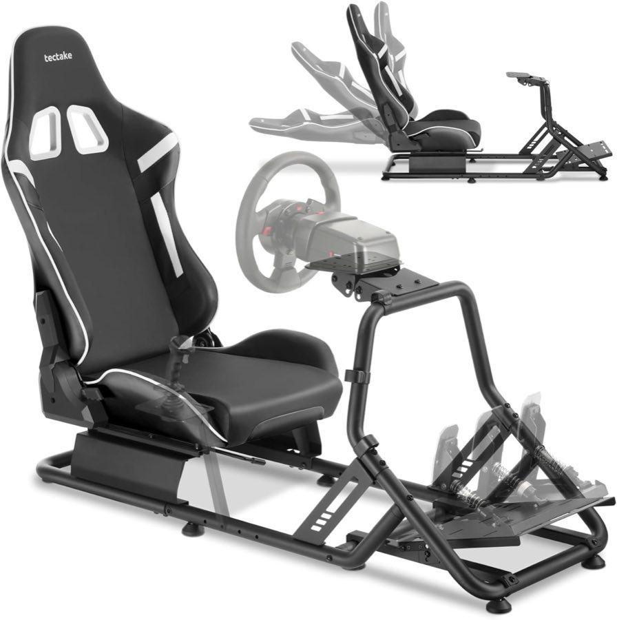 tectake® Sim Racing Cockpit kompatibel mit Fanatec, Logitech, Thrustmaster, GT-Style Rennsitz verstellbar, 120 kg belastbar, Gaming Stuhl Simulator, ohne Lenkrad Pedale, Stahlgestell - schwarz/schwarz