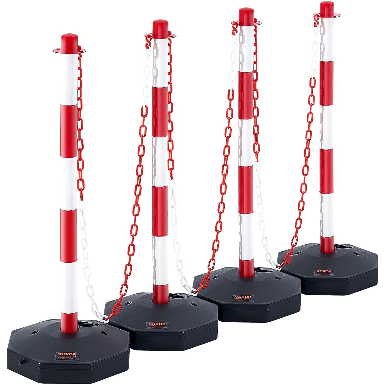 VEVOR Set von 4 Absperrpfosten und 1 Kunststoff-Kette von 10 m Rot und Weiß, Sperrpfosten, Poller Aus PE-Kunststoff für die Verkehrskontrolle oder Warnung an der Auffahrt, Garage, dem Tor usw. Rot
