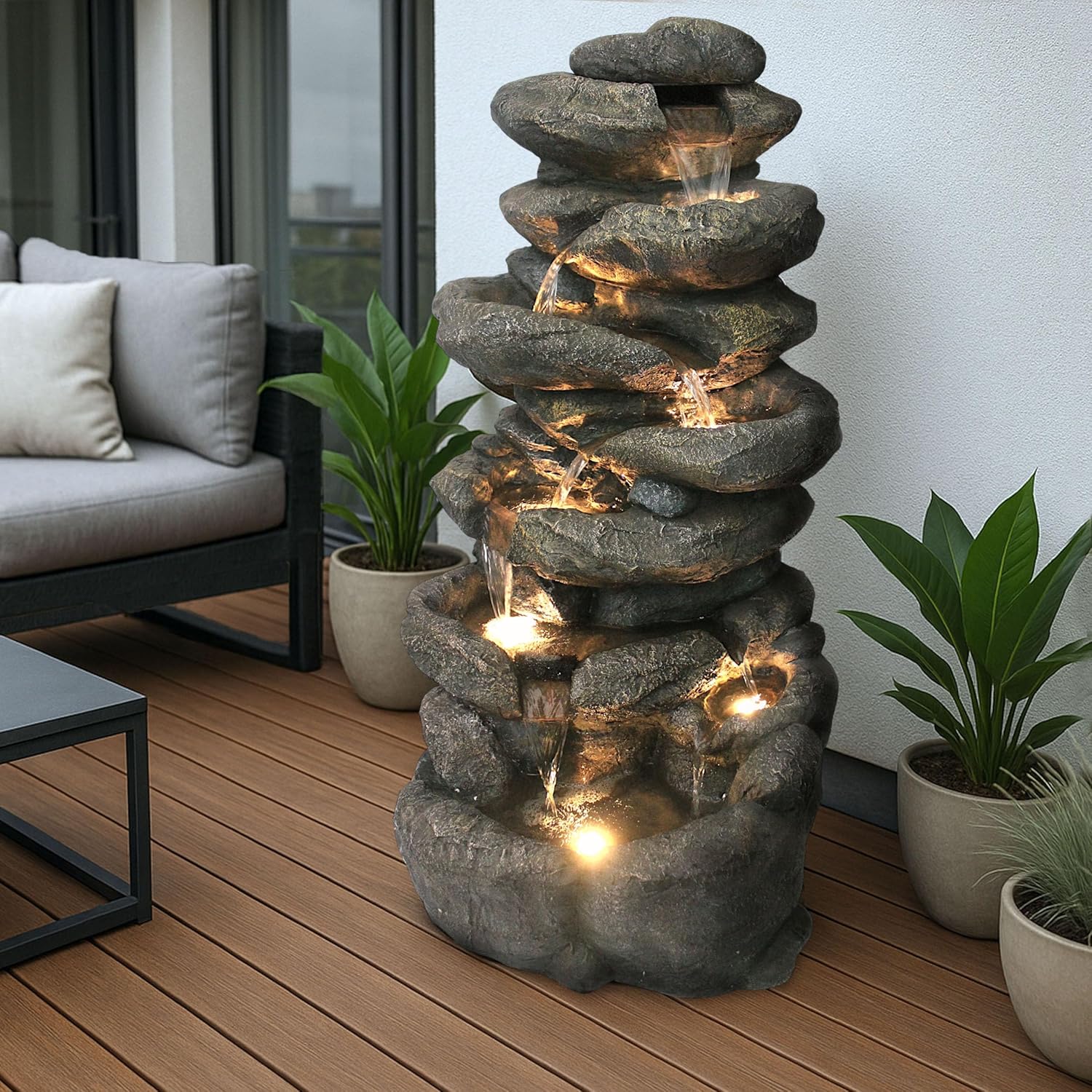 Arnusa Gartenbrunnen BK902 Felsen-Wasserfall 100 cm mit LED