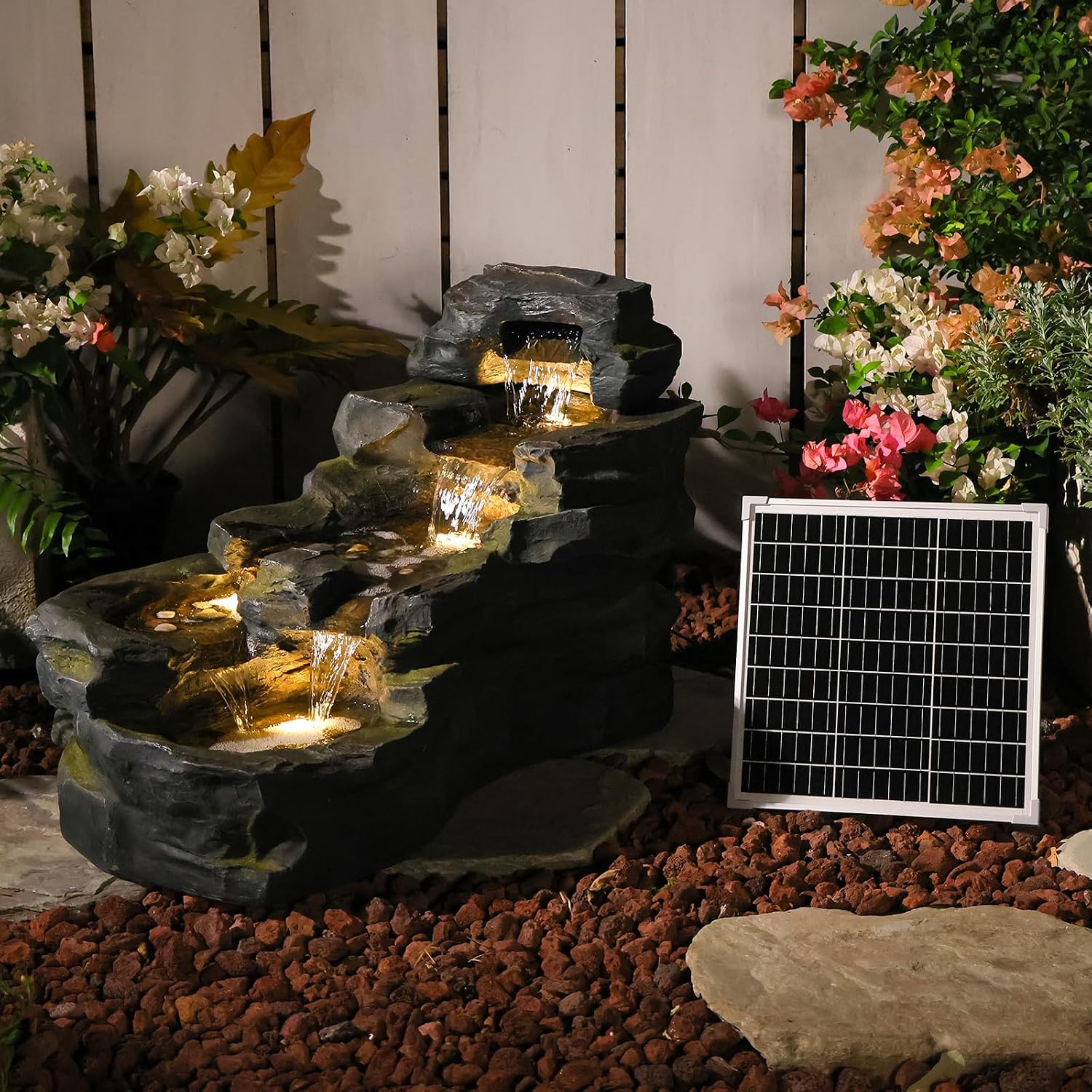 Bumilgar Solarbrunnen 5-stufiger Etagenbrunnen in Naturstein-Optik