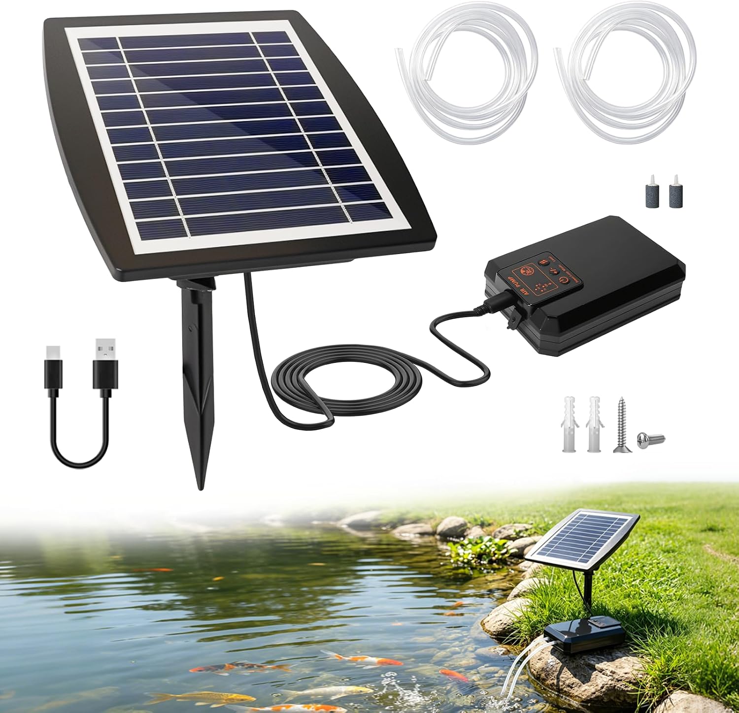 Solar Sauerstoffpumpe, 3W Teichbelüfter Solar mit 2600mAh Akku, 4 Modi
