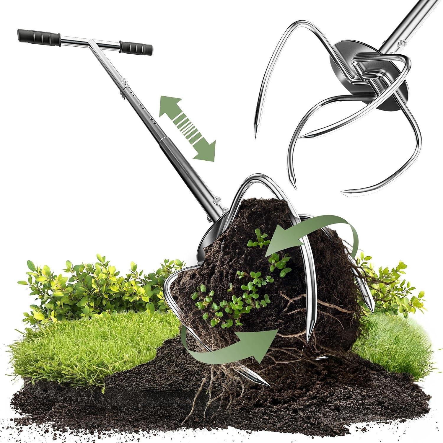 Gartenkralle mit Stiel - Höhenverstellbar & ergonomisch | Rostfreier Edelstahl-Unkrautstec