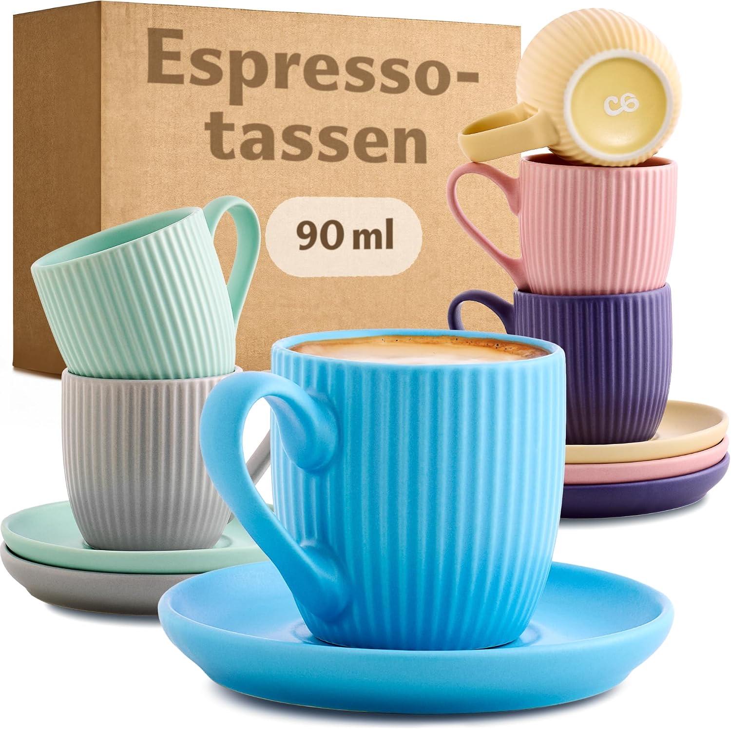 Cosumy Espressotassen 6er pastell 90 ml mit Untertassen