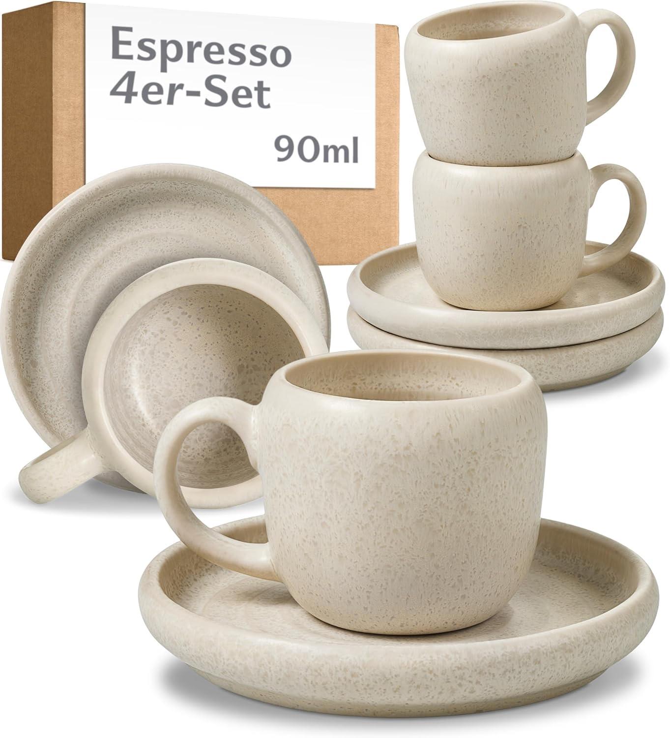Cosumy Espressotassen Steingut weiß 90 ml 4er mit Untertassen