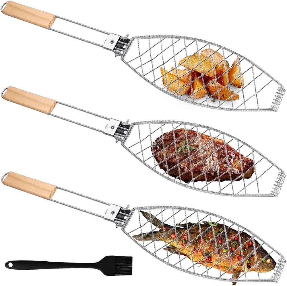 GOMETY 3× Fischhalter Holzgriff 63 cm