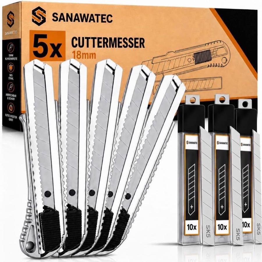 SANAWATEC 5× Cuttermesser 18 mm + 30 Klingen