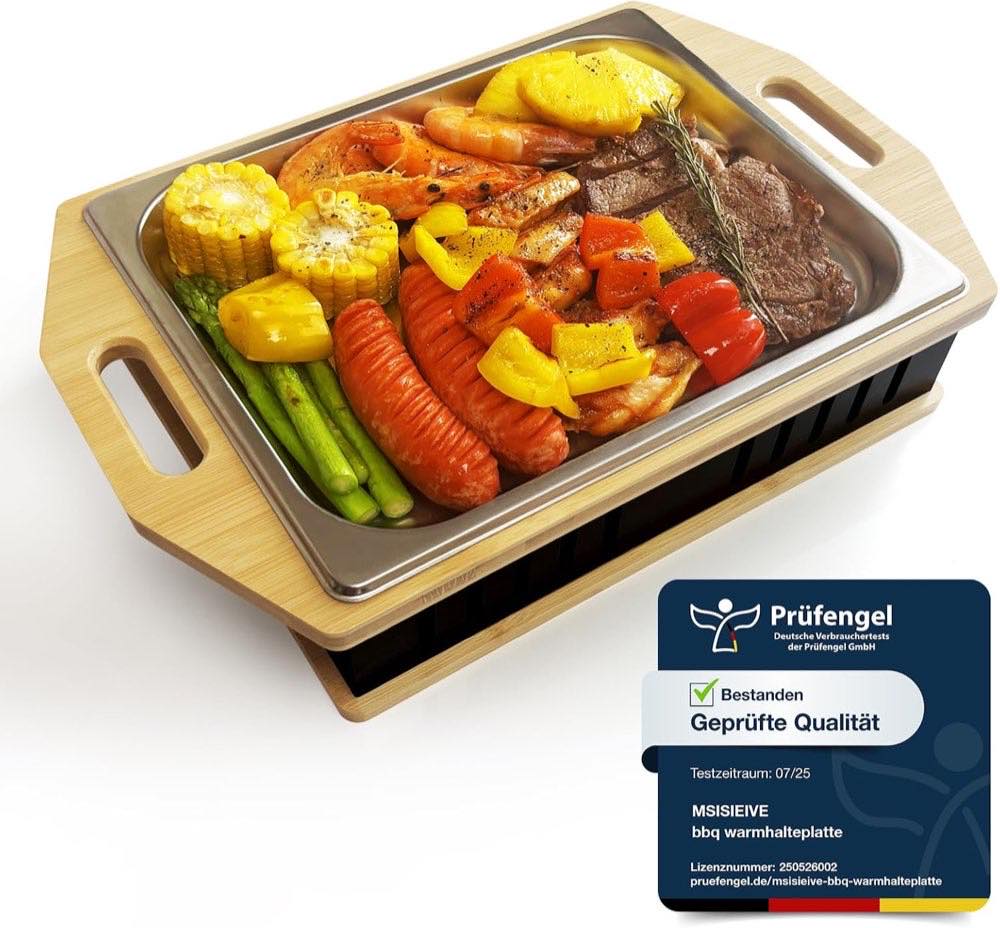 BBQ Teelicht-Warmhalteplatte Edelstahl/Bambus