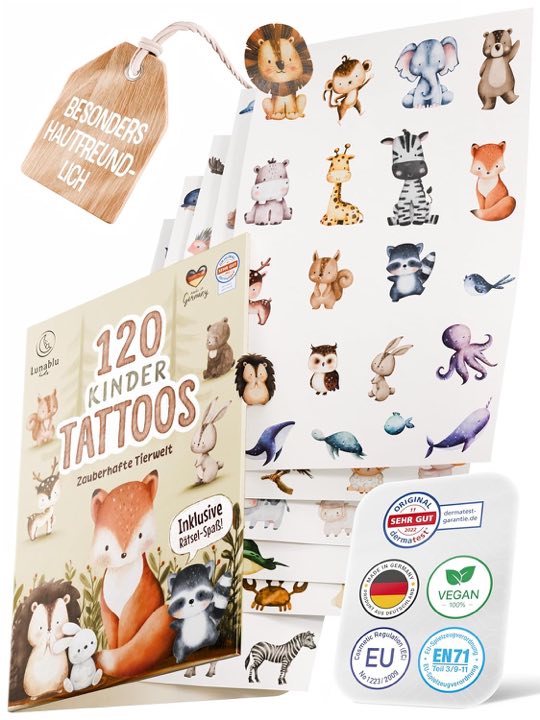 Lunablu 120 Kinder Tattoos, bunte Tiere