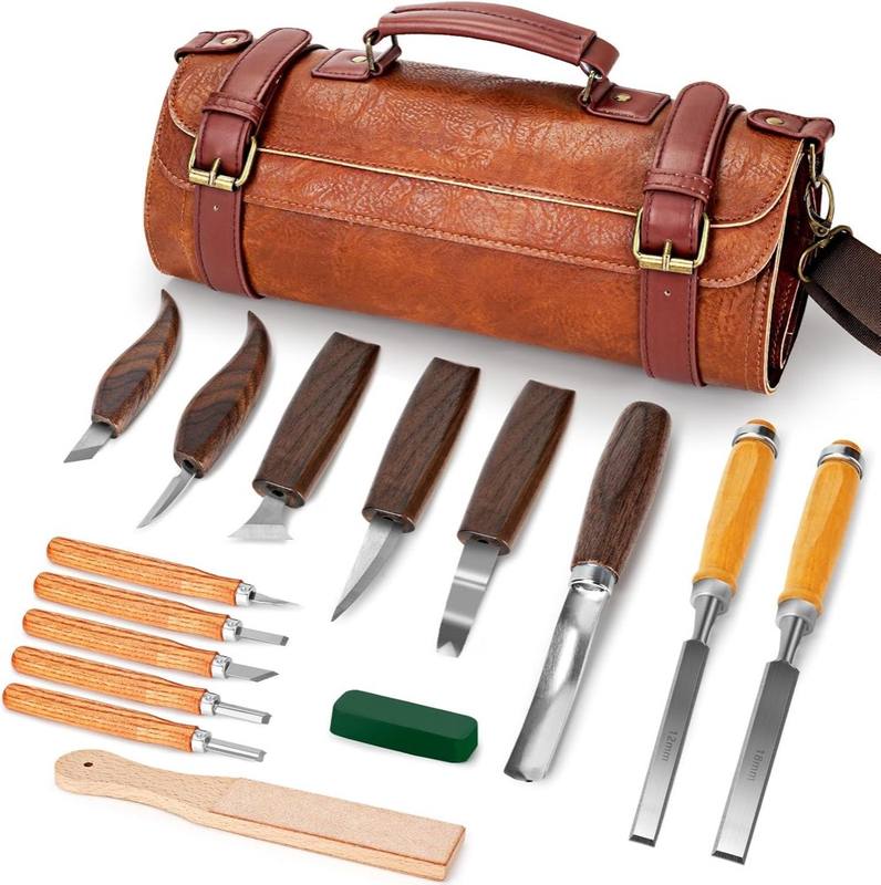 KERNOWO Holzschnitzset 17-teilig mit Ledertasche