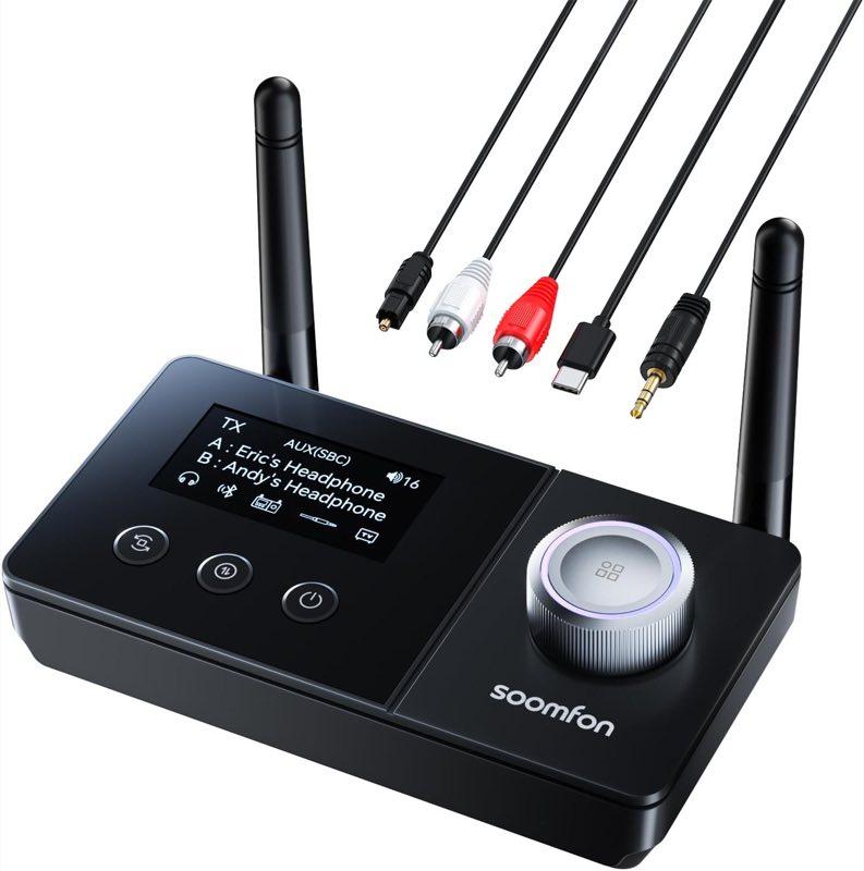 SOOMFON Bluetooth 5.3 Sender Empfänger, Optik und Klinke, für 2 Kopfhörer