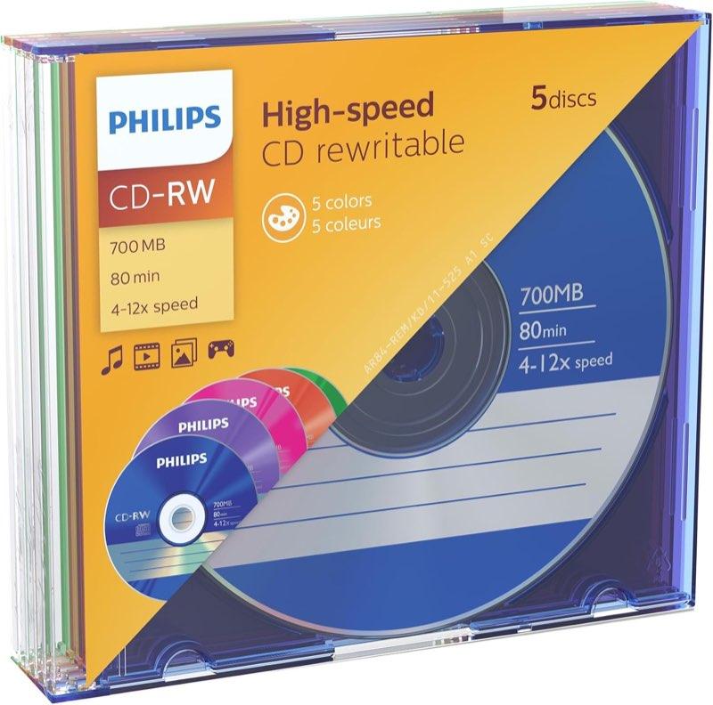 Philips CD-RW High Speed, 5er Slim Case farbig