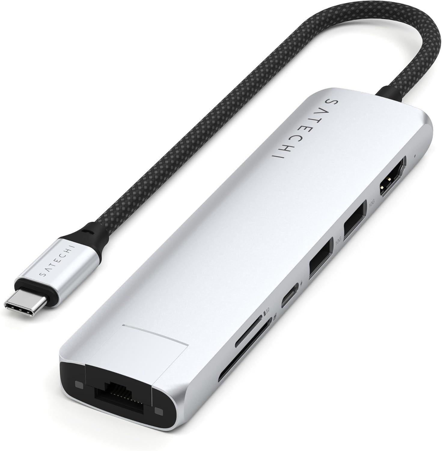 SATECHI 7-in-1 Slim Plus USB-C Hub, 100W PD, 4K@60Hz HDMI, Silber