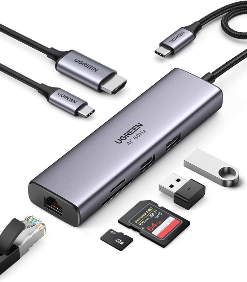 UGREEN UGREEN USB-C Hub Ethernet 7-in-1, 4K@60Hz HDMI, SD/TF