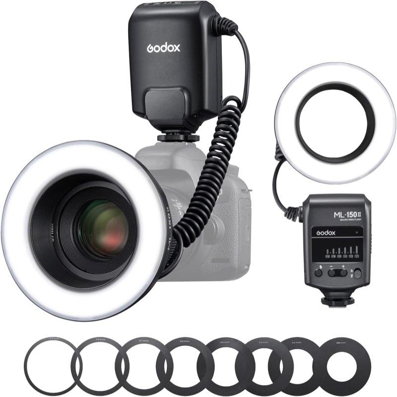 Godox ML150II Tragbarer LED Makroringblitz Ringblitzleuchte Set6-stufige Leistungswahl (1/32-1/1) 5800K±200K Dimmbar für Nikon/Canon/Panasonic/Olympus/Sony 11 FX Light Effects