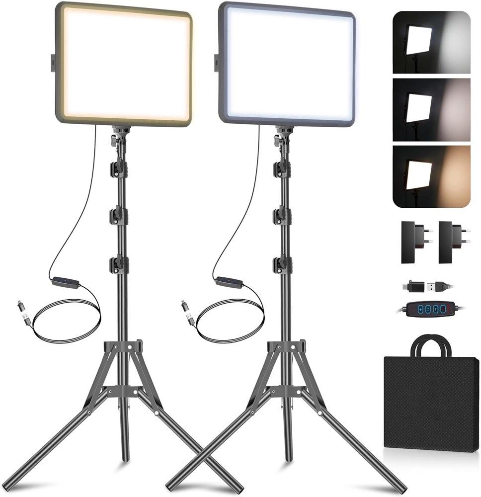 Video Licht Set, 2-Pack 25x20 cm 15 W LED Studio Fotolicht, Dimmbares 2800–6500K Kamera Licht für Video/Streamen von Selfies/Porträts im Innenbereich, Licht mit 160cm Stativ/TypC Adapter (2-Pack)