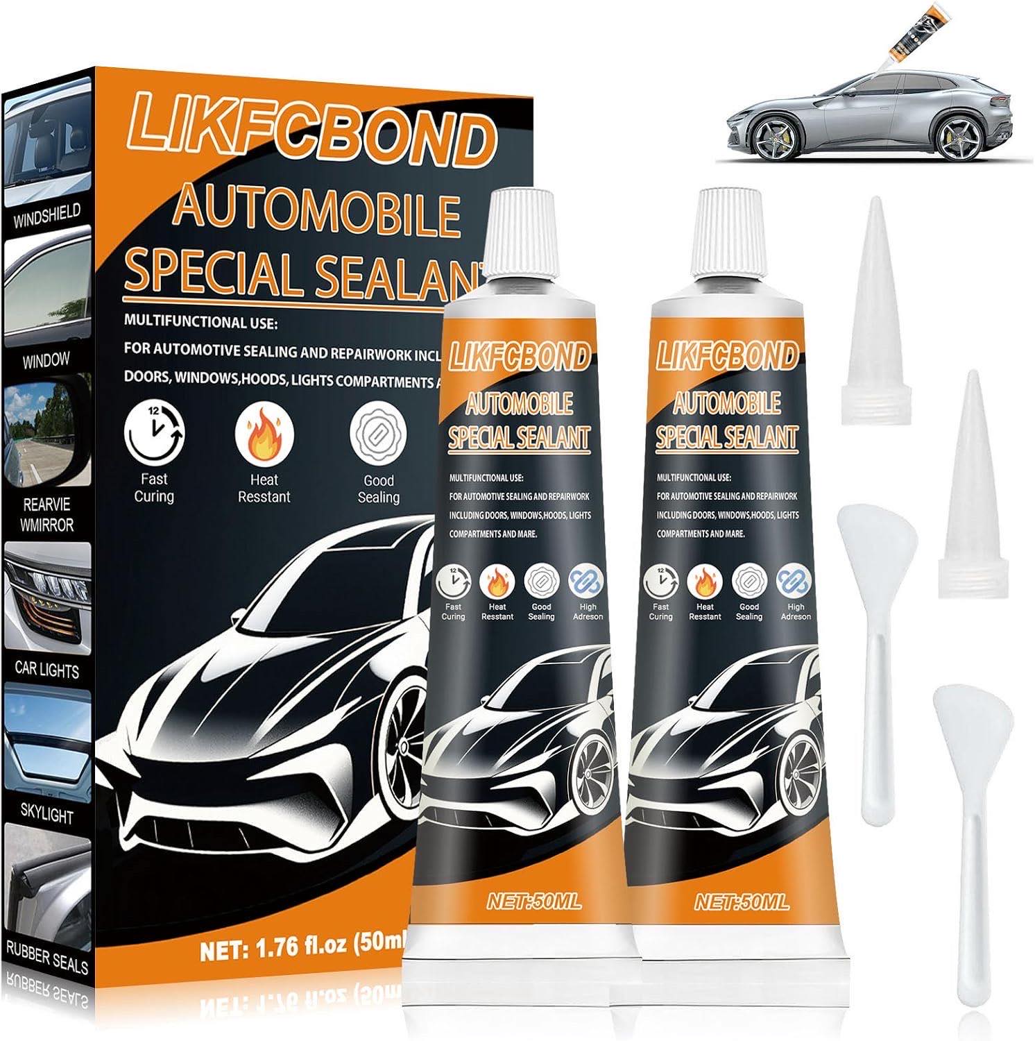 Scheibenkleber Auto, Karosseriekleber Schwarz, 2 Stück, 50ML