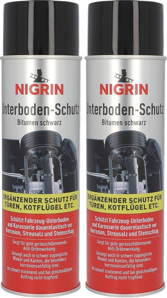 NIGRIN Unterbodenschutz-Spray, haftfähig, Korrosionsschutz für den Unterboden von Autos, schwarz, 500 ml (Packung mit 2)