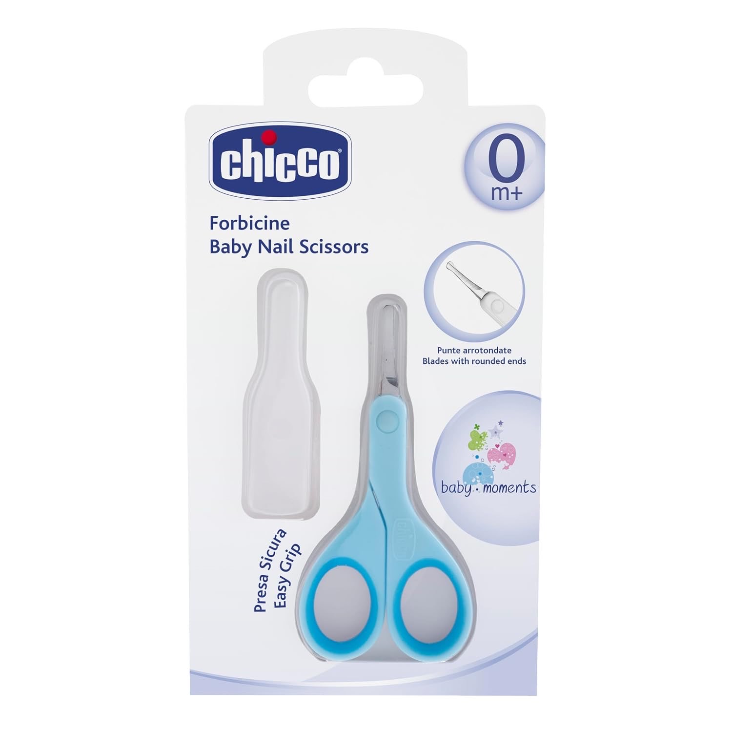 Chicco Chicco Nagelschere für Babys und Kinder, Edelstahl-Babyschere mit gebogenen Klingen und abgerundeten Spitzen, Schutzhülle, rutschfester Gummigriff Babyzubehör für Neugeborene ab 0 Monaten Blau 1 Stück (1er Pack)