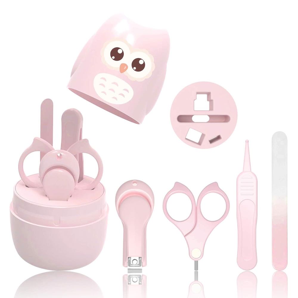 Babypflege Set mit Baby Nagelschere, für Fingernägel und Fußnägel mit Nagelknipser, Nagelschere, Nagelfeile und Pinzette für Kinder und Neugeborene in süßer Eule Geschenk-Verpackung
