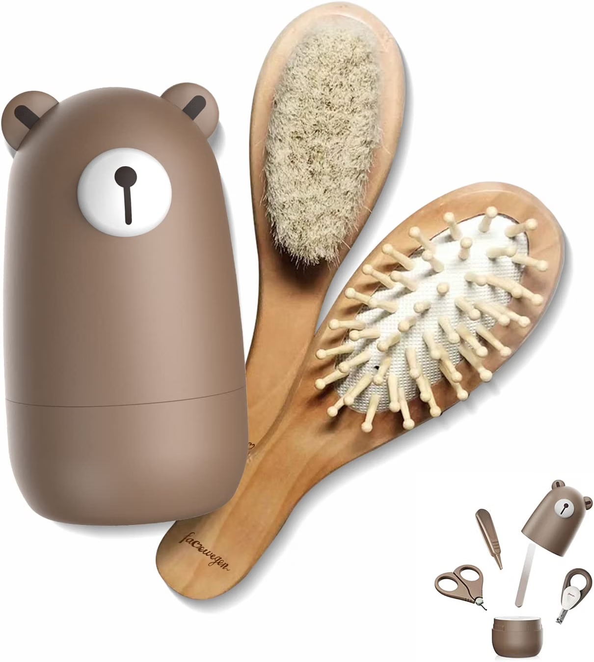 Baby 6 in1 Pflege-Set, natürliche hölzerne Haarbürste und Kamm Nagelschere, Nagelfeile und Pinzette für Kinder und Neugeborene in süßer Geschenk-Verpackung