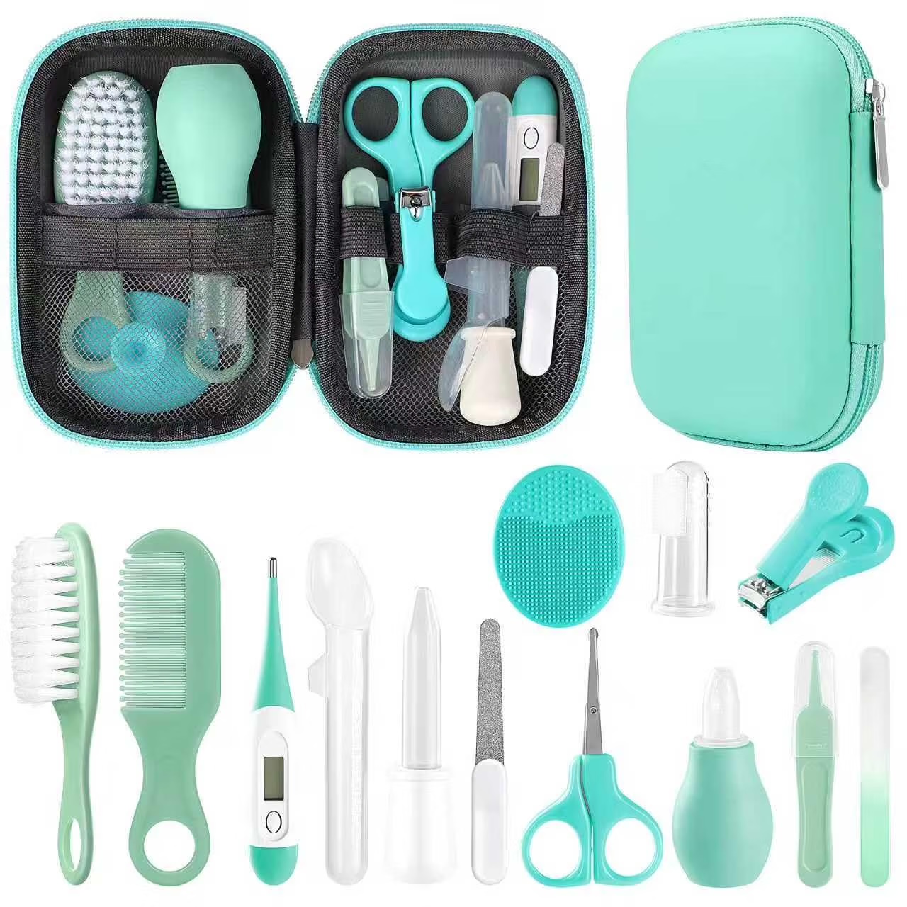 Qunlions life Baby Gesundheitswesen und Pflegeset, Säuglingssicherheitspflege Set mit Haarbürste, Kamm, Nagelknipser, Baby Essentials Kit für Neugeborene Mädchen Jungen (Grün 14 in 1)